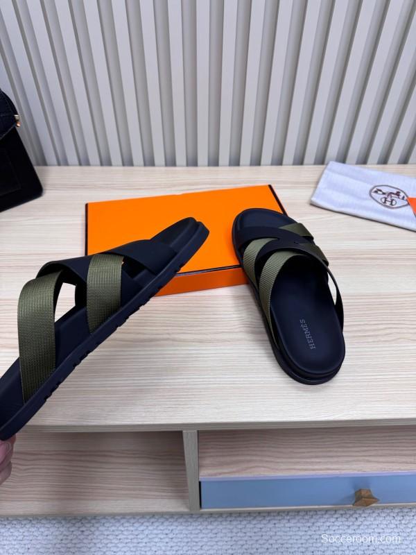 2025 Men Hermès Black Green Fabric Leather Slippers