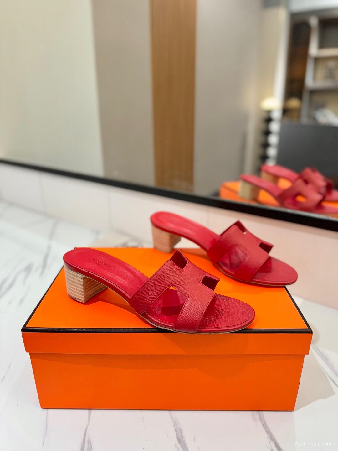 2025 Women Hermès Red Leather Slides