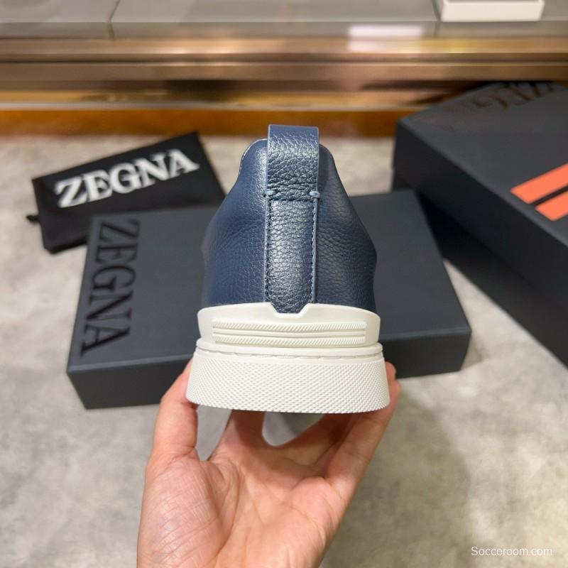 2024 Men Ermenegildo Zegna Blue Leather Suede Sneakers