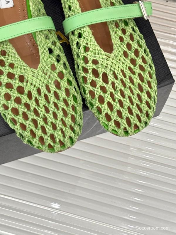 2025 Women AlAIA Green Leather Mesh Mary Jane