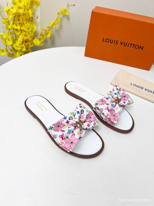 2025 Women Louis Vuitton White Pink Leather Slippers LY00190