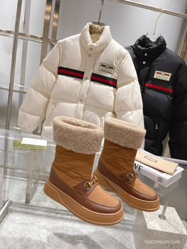 2024 Women Gucci Brown Tan Leather Shearling Lined Snow Boots MJ00420