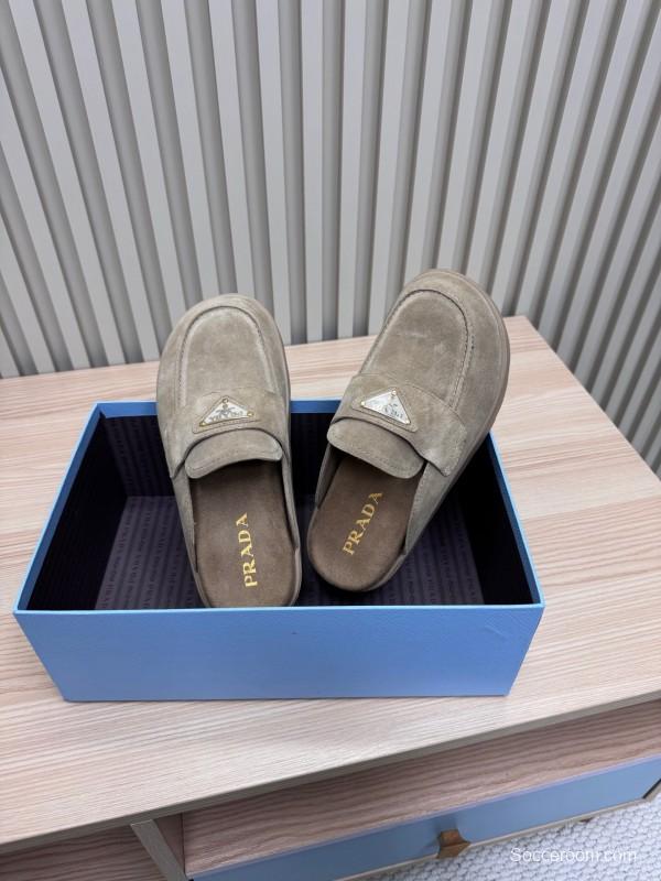 2025 Women Prada Khaki Suede Platform Loafers