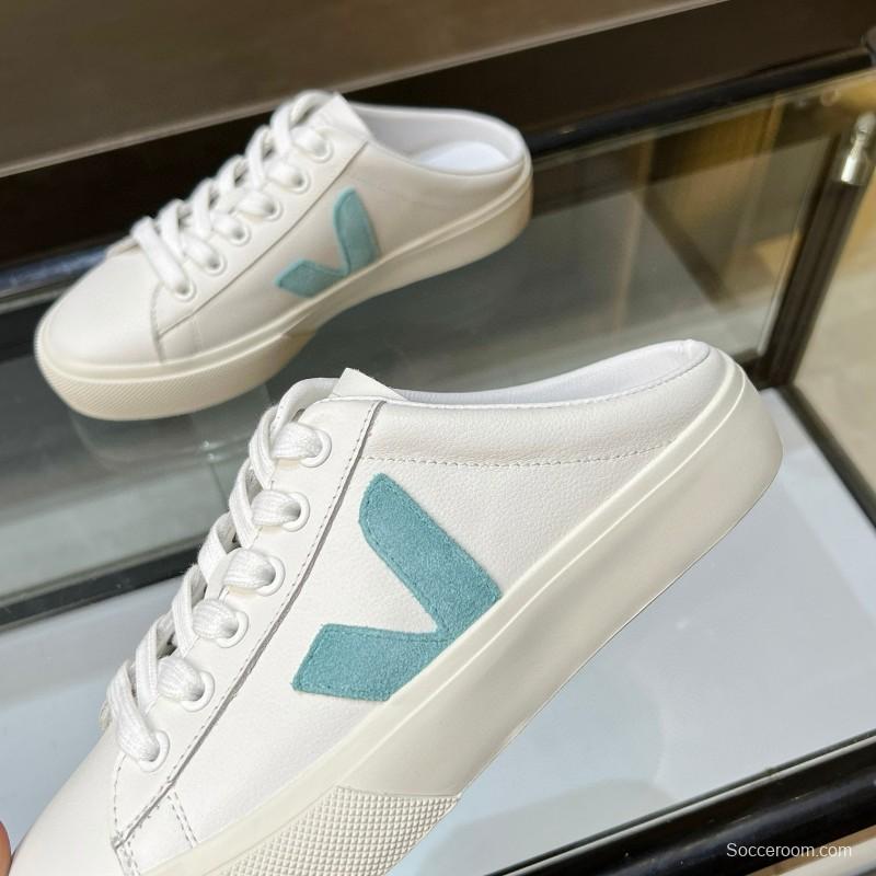 2025 VEJA White Blue Leather Canvas Slip-On Sneakers
