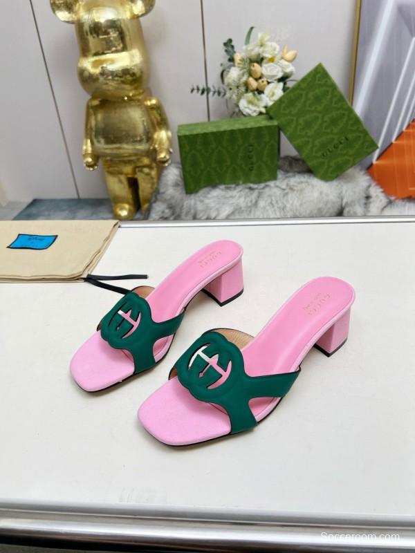 2025 Women Gucci Pink Green Leather Slippers