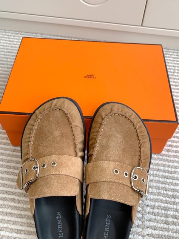 2025 Women Hermès Deep Brown Suede Mule Buckle KFY00290