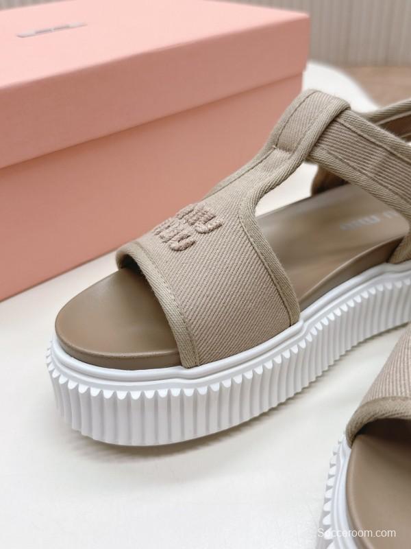 2025 Women Miu Miu Beige Canvas Sandals Buckle LY00360