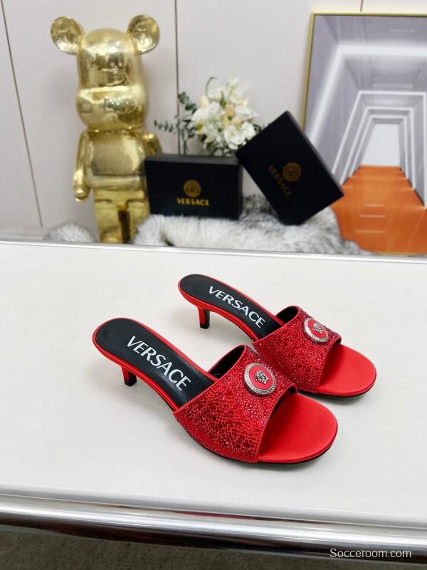 2025 Women VERSACE Red Silk Rhinestone Kitten Heel MJ00230