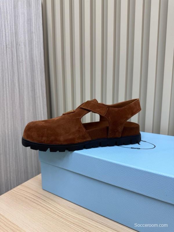 2025 Women Prada Brown Suede Slingback Buckle Sandals LY00280