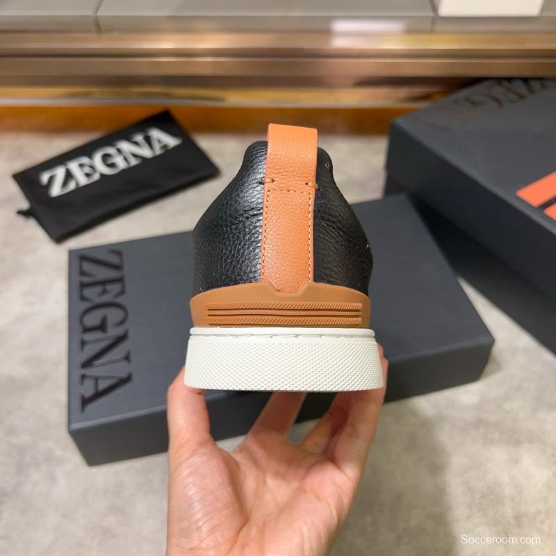 2024 Men Ermenegildo Zegna Black Brown Leather Sneakers MJ00280