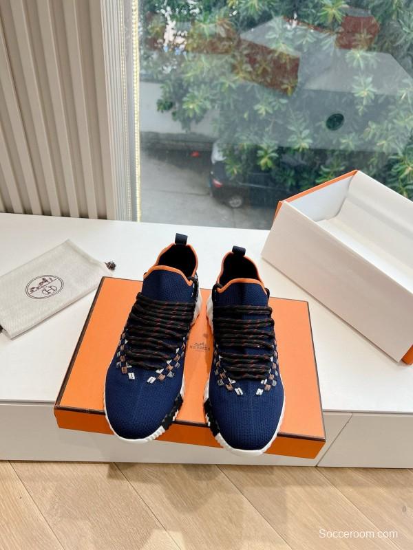 2024 Unisex Hermès Navy Orange Knit Leather Sneakers
