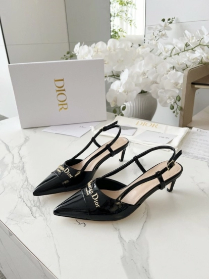 2025 Women Dior Black Patent Leather Slingback Heels KFY00310