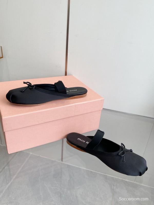 2025 Women Miu Miu Black Nylon Ballet Flats LY00380