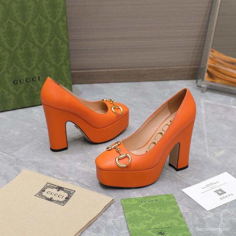2025 Women Gucci Orange Leather Platform Pumps KFY00320