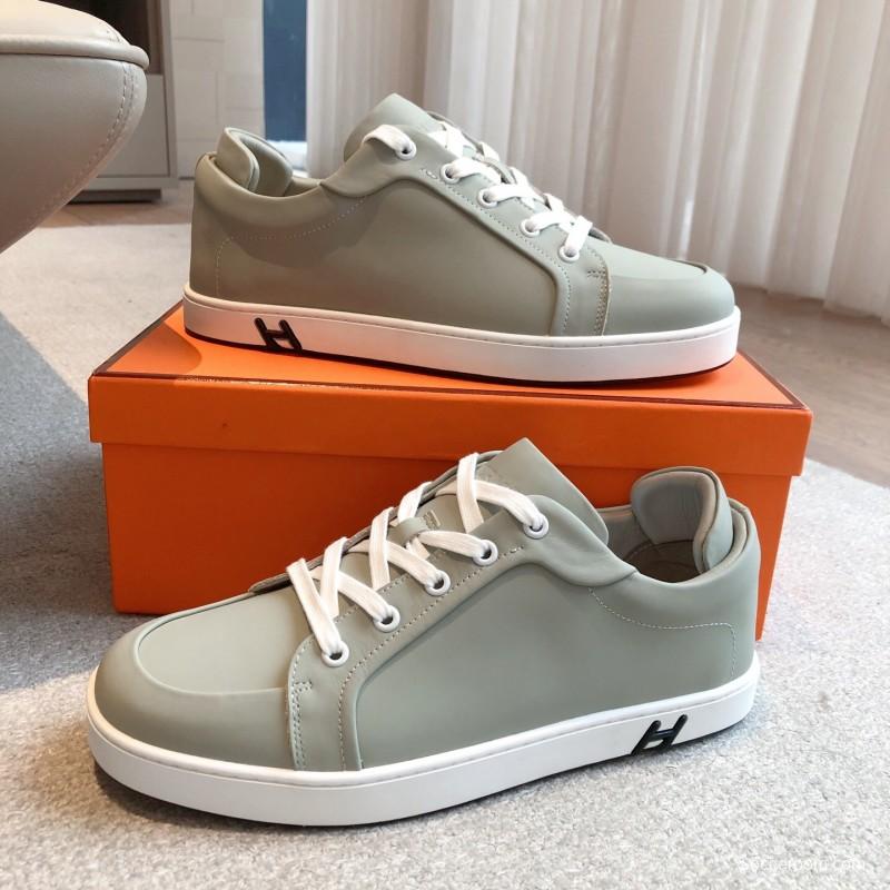 2025 Men Hermès Sage Green Leather Sneakers AS00380