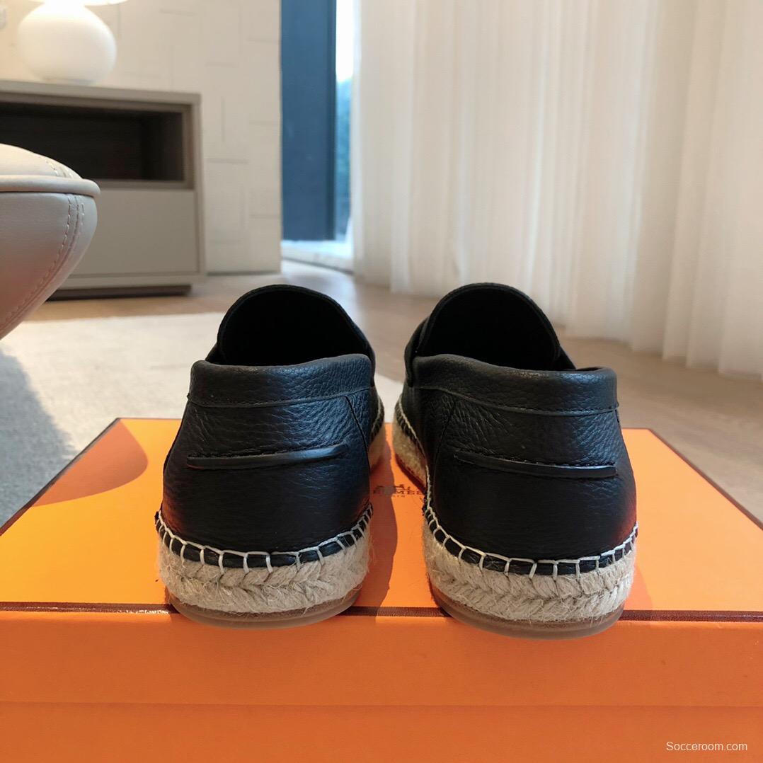 2025 Unisex Hermes Black Leather Loafers AS00380