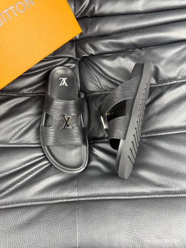 2025 Men Louis Vuitton Black Leather Slippers AS00170