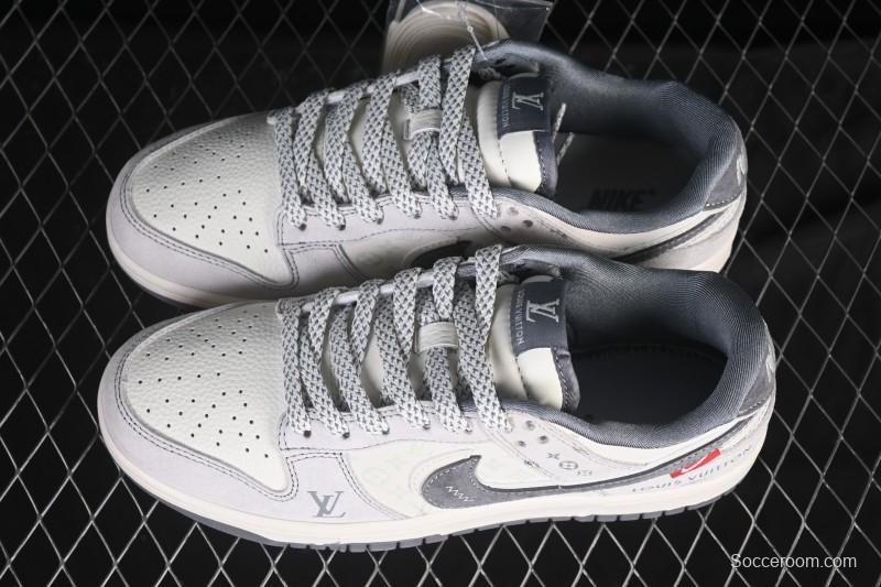 Nike SB Dunk Low LV Collaboration Gray White Double Swoosh Anniversary High-End Custom Low-Top Casual Skate Shoes - CX5050-Y20