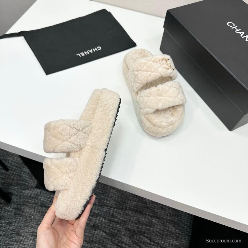 Chanel 2025 SS New Autumn Winter Lazy Sheep Genuine Wool Lazy Slippers Chanel Quilted Thick Sole Fur Slides - LY00300