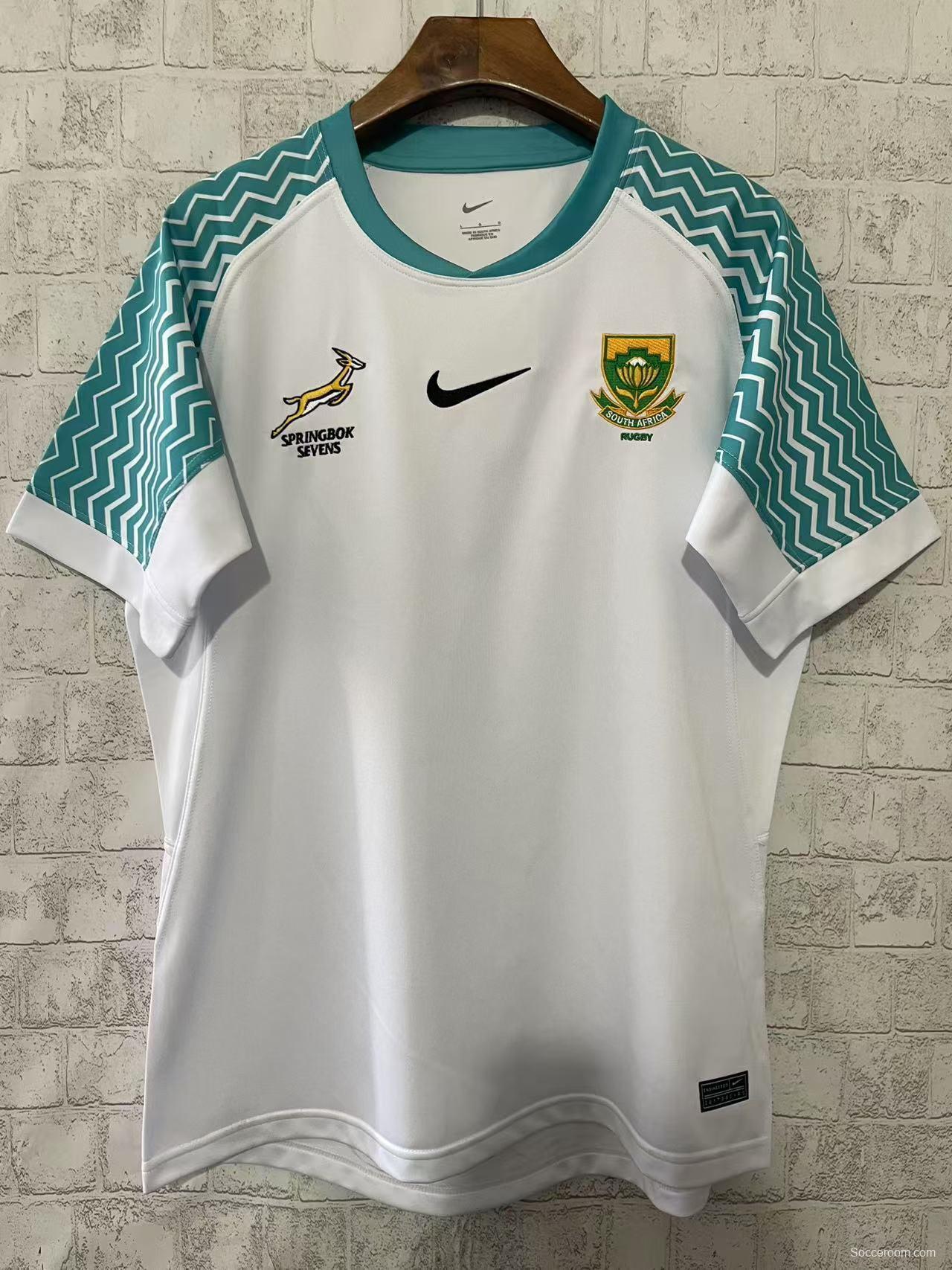 25/26 South Africa Springbok Sevens White with Teal Chevron Sleeves Jersey