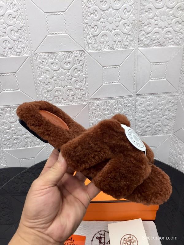 H Teddy Wool H Slippers Flat Sole Winter Fur Slippers - LY00240