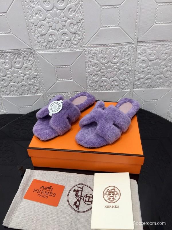 H Eiderdown Teddy Wool H Slippers Flat Sole Fur Slides - LY00240