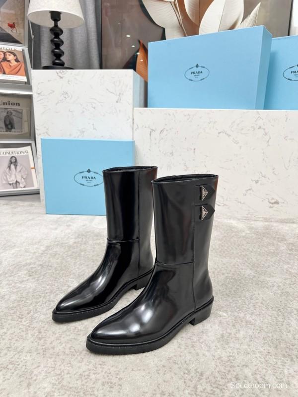 Prada Classic Triangle Logo Pointed Toe Boots - LY00350