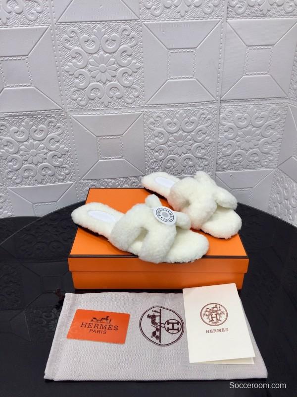 H Teddy Wool H Slippers Flat Sole Fur Slides - LY00240