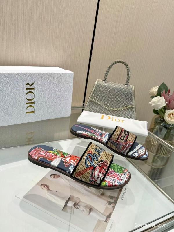 Dior 2025/SS Embroidered Monogram Slippers with Lambskin Lining - LY00200