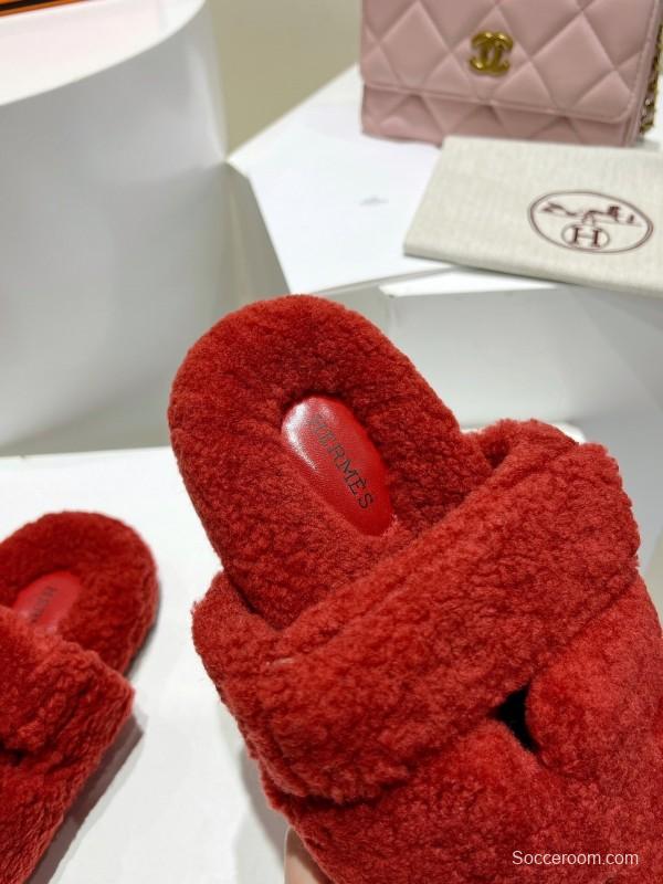 H Love Erjiu Full Wool Slippers with Wavy Fur Design - LY00270