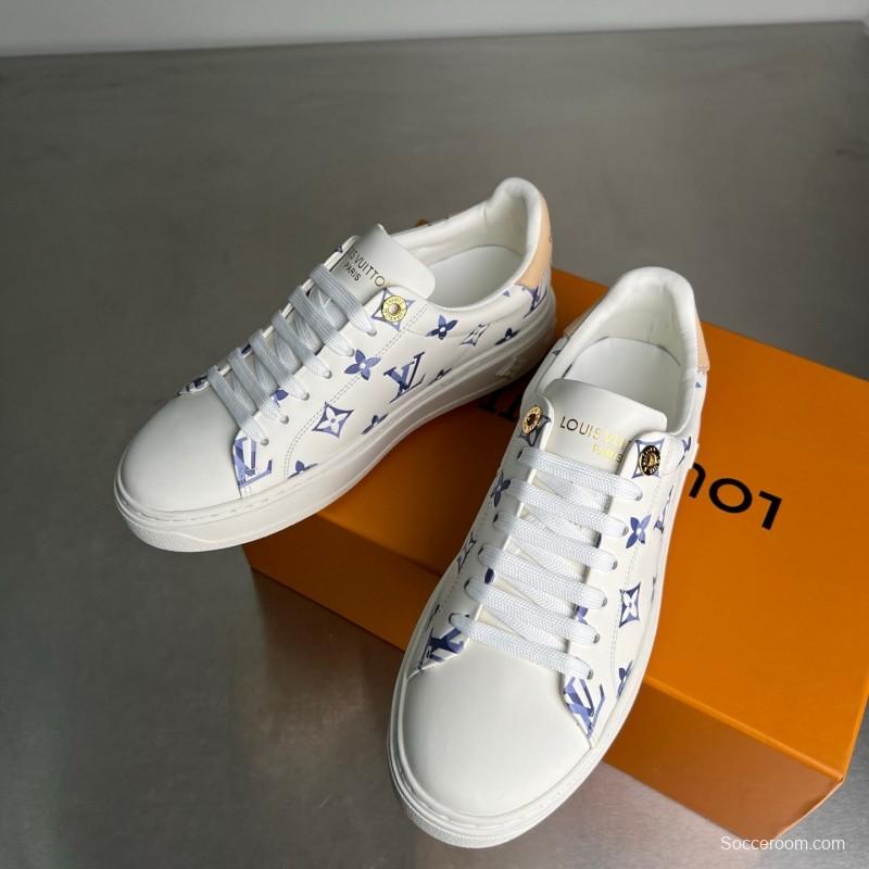 Louis Vuitton Time Out Cherry Blossom Collection Leather Round Toe Flat Low Top Sneakers Women's - YC