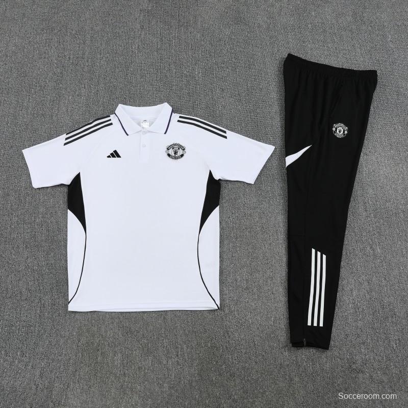 26/27  Manchester United White Polo Training Shirt + Long Pants Tracksuit