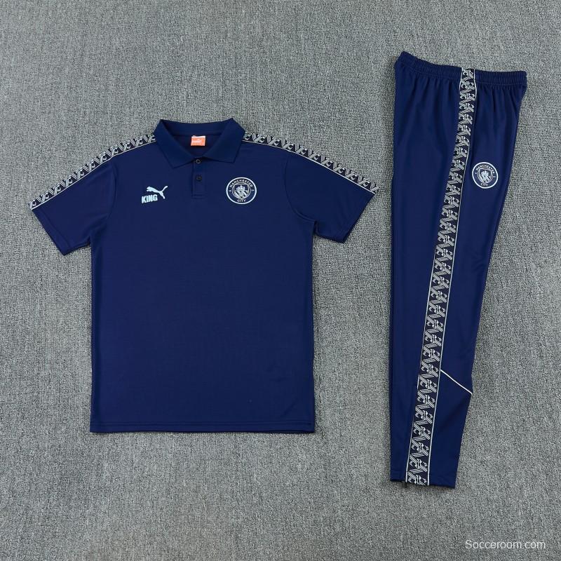 26/27 Manchester City Navy Blue Polo Training Shirt + Long Pants Tracksuit