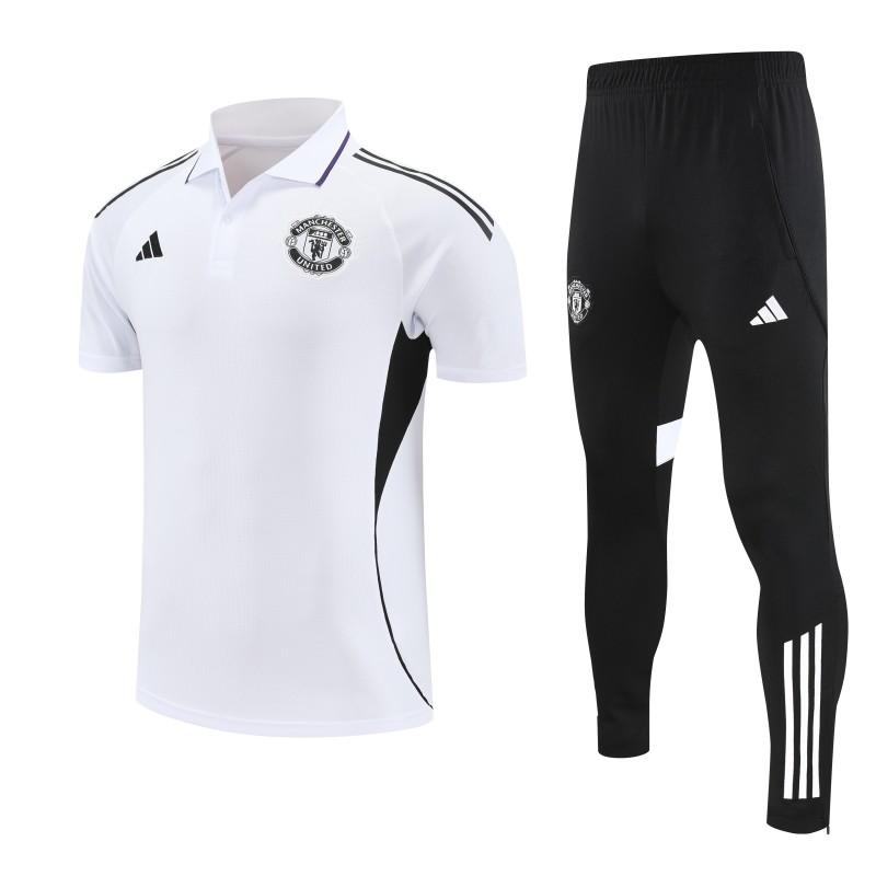 26/27  Manchester United White Polo Training Shirt + Long Pants Tracksuit