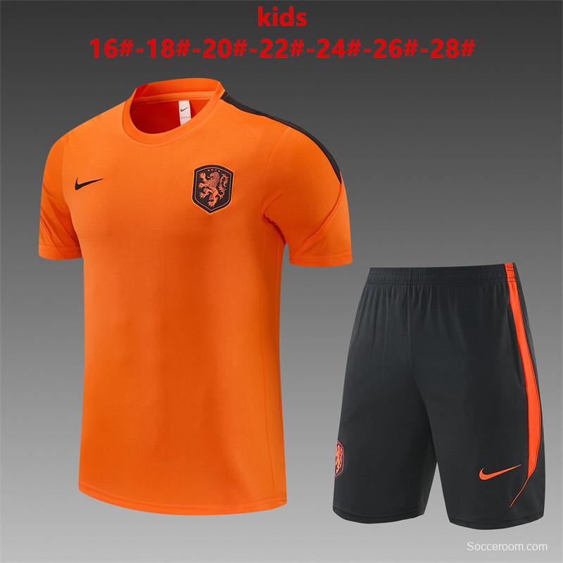 26/27 Kids Netherlands Home Orange Short Sleeve + Soccer Shorts