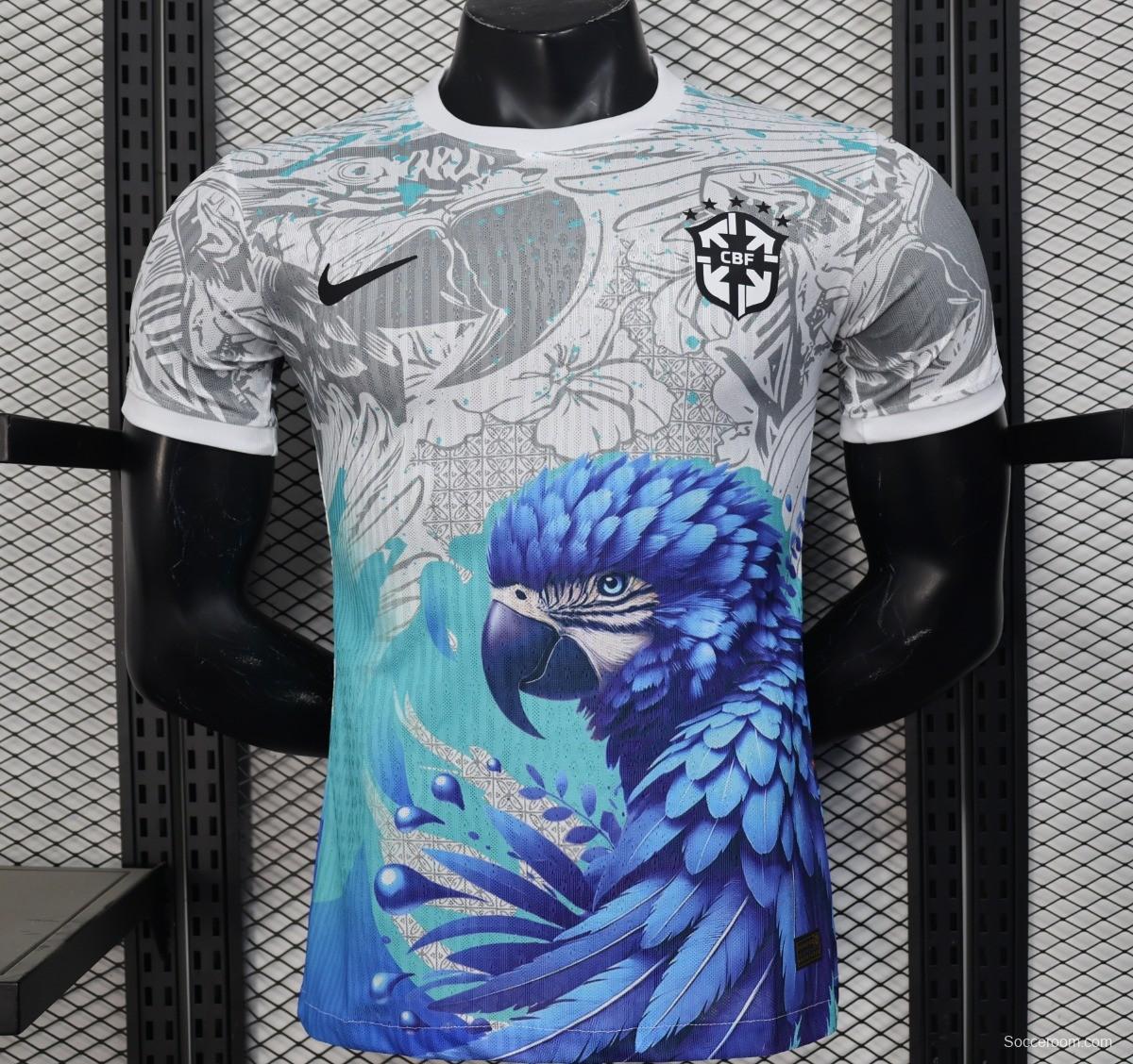 Player Version 2025 Brazil White with Blue Macaw Jersey